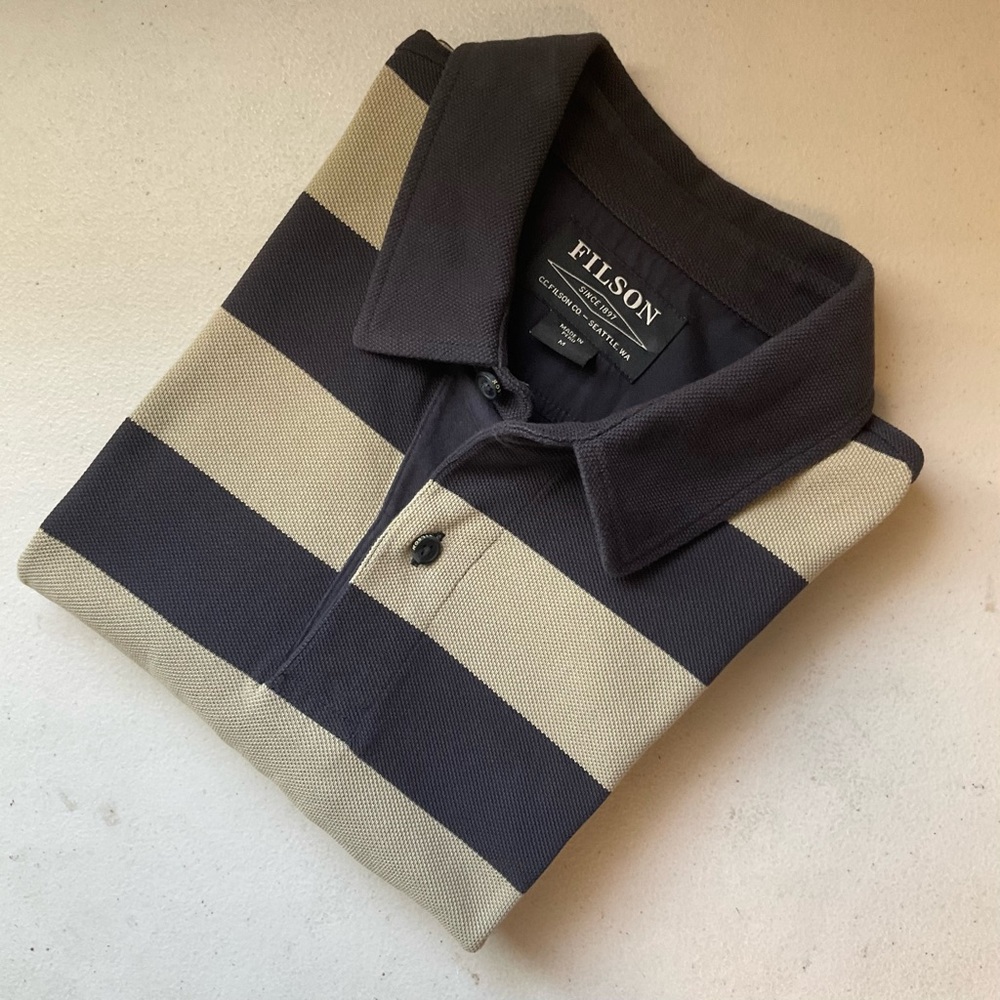 Filson Men’s Striped Polo Shirt Kakai & Faded Blue - Picture 14 of 14